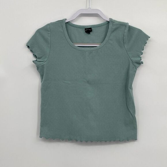 Art Class Girls Fitted Ribbed Shirt Green Ruffle Sleeves Cropped XXL 18 - Picture 1 of 5